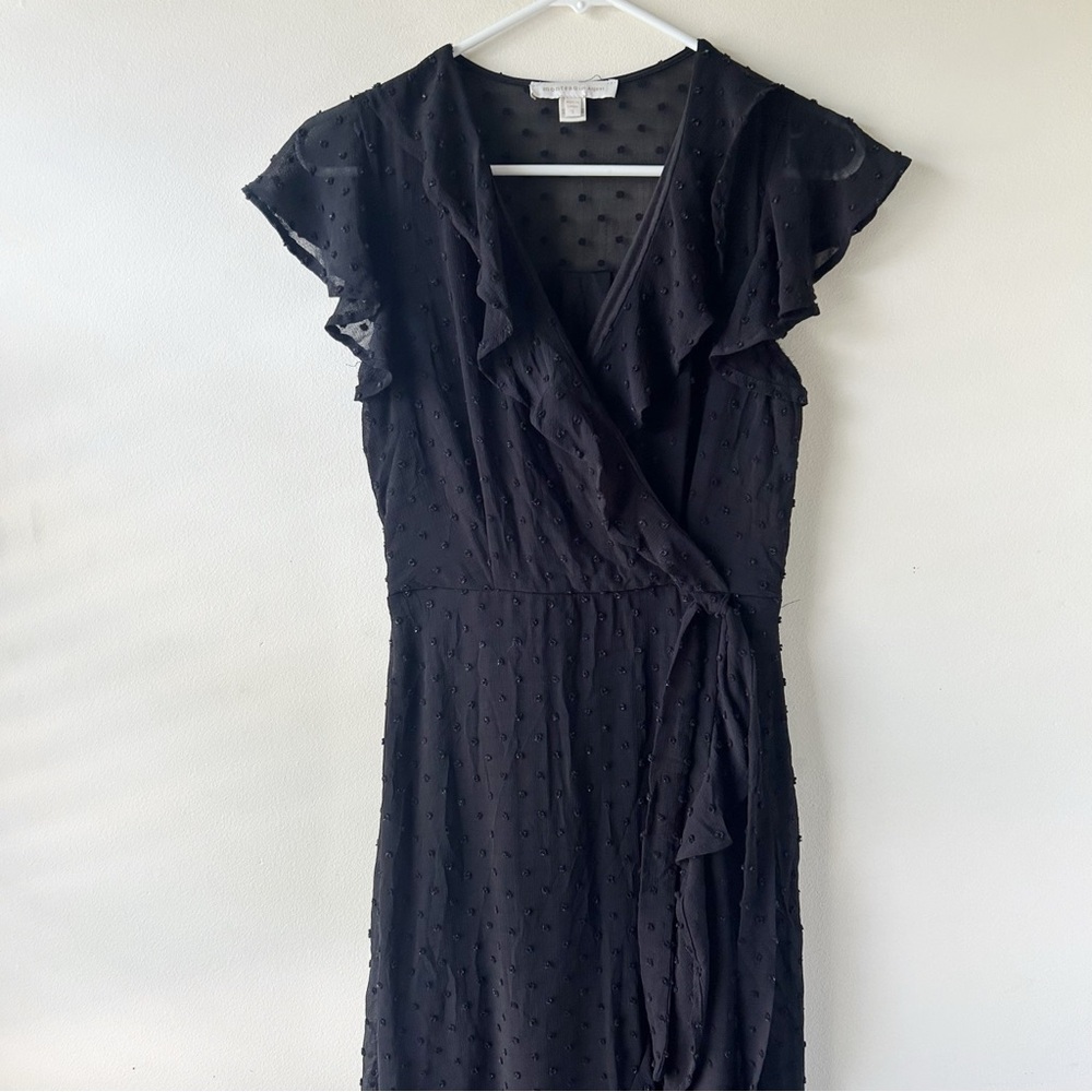 5 FOR $25| Monteau Ruffle Faux Wrap Midi Dress Flutter Sleeves Black Swiss Dot S